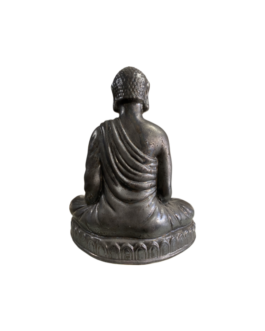 Buda Sentado sobre base com pote de mimos, em metal na cor grafite.