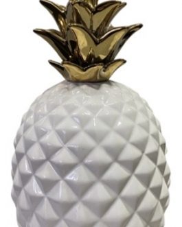 Cofre em formato de Abacaxi, em cerâmica na cor branca e coroa em dourado