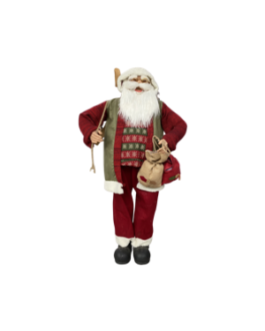 Boneco Papai Noel com Esqui e saco de presentes, casaco em vermelho e verde