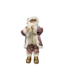 Boneco Papai Noel com saco de presentes dourado e casaco em rosa