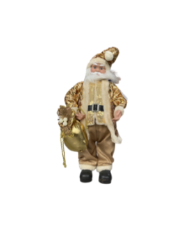 Boneco Papai Noel musical com movimento da cabeça, casaco em dourado com detalhes brilhantes