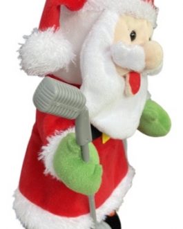 Boneco Papai Noel musical com movimentos de dança, casaco em vermelho segurando microfone