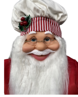 Boneco Papai Noel Cozinheiro segurando casa de doces e tábua com biscoito