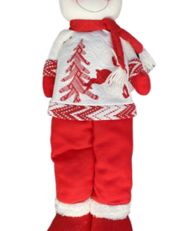 Boneco de Neve com roupas em branco e vermelho, casaco com detalhes em arabesco e imagem de rena com pinheiro
