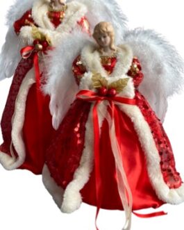 Anjo P com LED, luvas, asas em plumas brancas, vestes vermelho e branco com renda com paetês vermelho e dourado