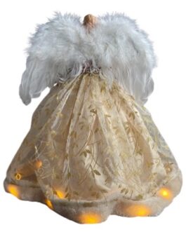 Anjo com luz de LED, asas em plumas Brancas, vestes em dourado e casaco rosa com lantejoulas