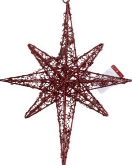 Estrela de pendurar vazada vermelha com gliter, detalhe do metal torcido