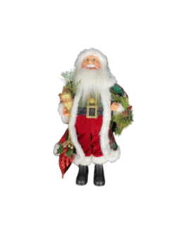 Boneco Papai Noel segurando pendente de natal, presente e folhagens