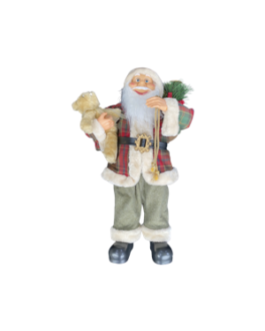 Boneco Papai Noel com Urso e saco de azevinho, casaco xadrez
