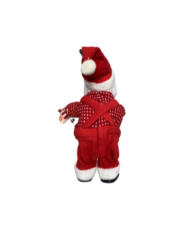 Boneco Papai Noel musical tocando violino, movimento de dança com o corpo, casaco em vermelho e branco com suspensório