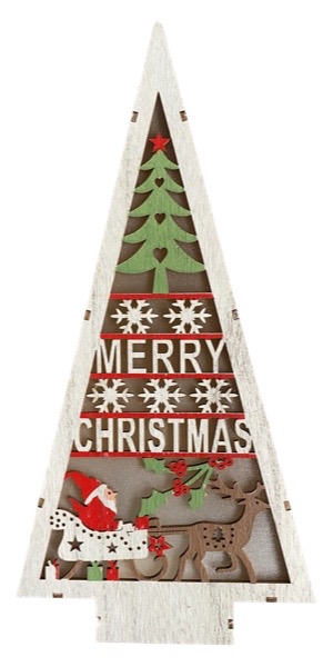 Enfeite de Pinheiro de Natal vazado com luz e mensagem de Feliz Natal em  inglês e desenho do Papai Noel no trenó - Galpão Casa