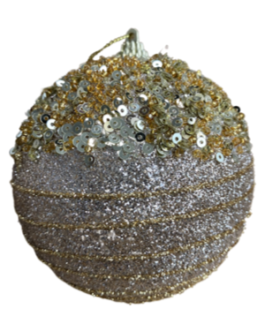 Bola de Natal Champagne e Dourado, com lantejoulas miçangas e fio decorativo – caixa com 03