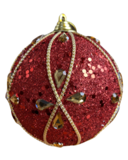 Bola de Natal Vermelha com gliter e pedras em formato de gotas e cordão dourado – caixa com 03
