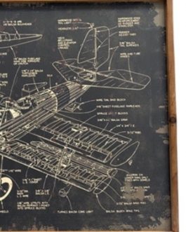 Quadro de Avião, em madeira com estampa de projeto de avião, fundo preto