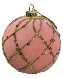 Bola de Natal Aveludada Rosa com linhas em gliter e lantejoula dourada