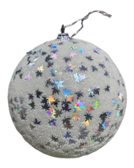 Bola de Natal branca com lantejoulas pratas em formato de folhas – caixa com 03