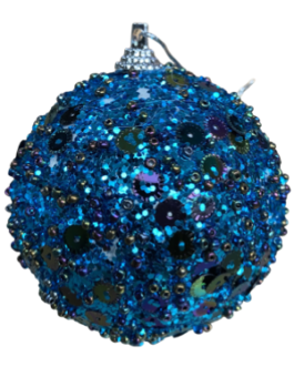 Bola de Natal Azul com gliter e lantejoulas em formato de flor e miçangas – caixa com 03