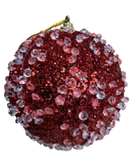 Bola de Natal com gliter vermelho e pedras transparentes – caixa com 03