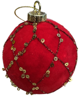 Bola de Natal aveludada em vermelho com fios em gliter e lantejoulas douradas- caixa com 03