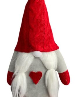 Papai Noel Gnomo em Pé, cinza e vermelho com coração e gorro em tricô vermelho