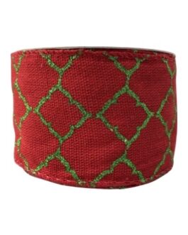 Rolo de fita decorativa vermelha com desenho em verde com gliter, largura 6cm