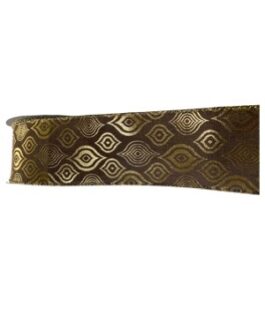 Rolo de fita decorativa marrom com estampa de pingente em dourado, largura 6cm