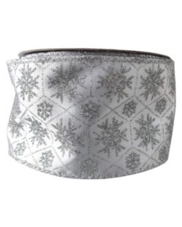Rolo de fita decorativa prata com desenhos de flocos de neve em prata com gliter, largura 6cm