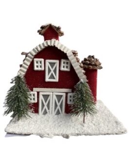 Casa vermelha e branca com neve brilhante, pinheiros, chaminé e telhado de pinha