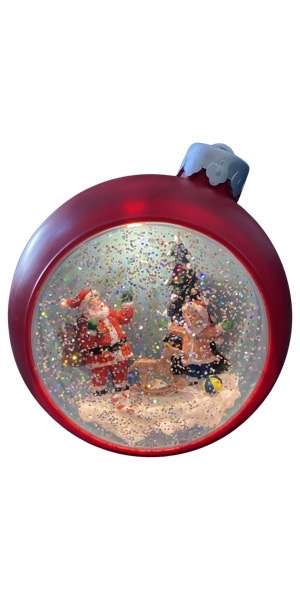 Cenário Papai Noel com presentes, pinheiro e criança dentro de Bola de Natal  com luz e que lança gliter no ar - Galpão Casa