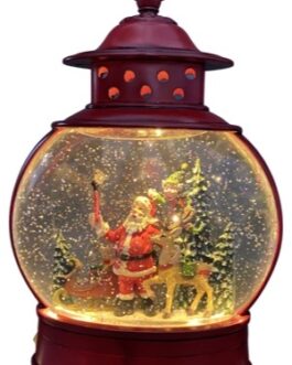 Lanterna que acende e lança gliter na imagem do Papai Noel tirando uma self com a rena, elfo, presentes, trenó e pinheiros e árvore de Natal
