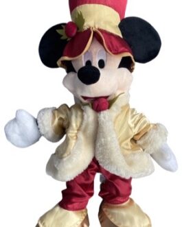 Mickey de Natal G Luxo com casaco dourado e chapéu vermelho com detalhes em pelúcia