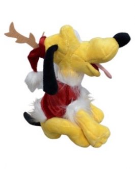 Pluto de Natal sentado com gorro de rena e roupa vermelha com detalhes em pelúcia