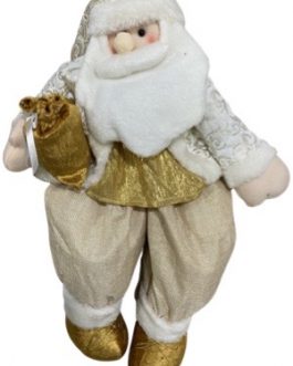 Papai Noel Sentado em Champagne e dourado, brilho do tecido, casaco com arabescos, gorro com guizo na ponta segurando saco de presentes