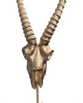 Escultura de crânio de Antílope com chifres em resina com haste e base em metal na cor dourado