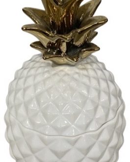 Objeto Pote Abacaxi em cerâmica branca com coroa dourada