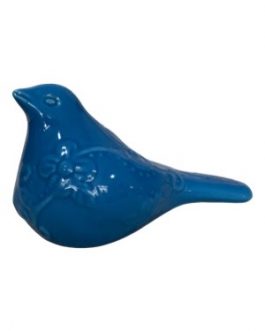 Pássaro Pomba Florida, em cerâmica, na cor azul royal, com desenhos em relevo de flores