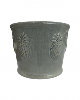Cachepot redondo M em cerâmica pintado com detalhe em craquelado e desenhos de abacaxi em relevo
